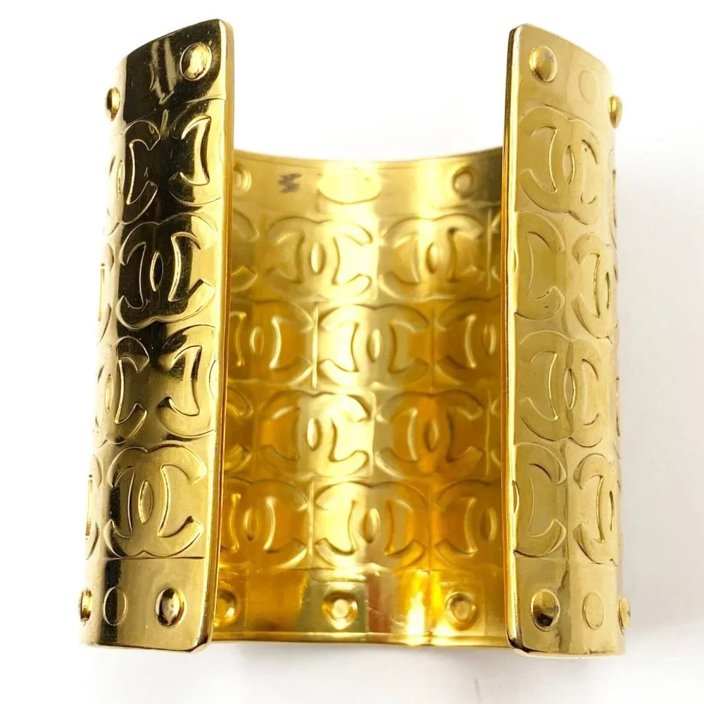 Chanel Vintage Rare Gold Plated CCs Thick Cuff Bracelet